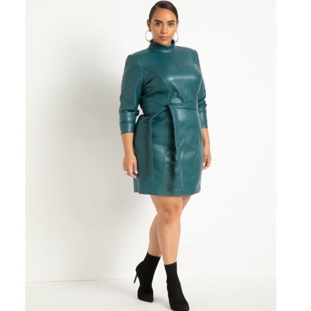 NWT Teal Green Faux Leather Mini Dress Plus 16 Belt Mock Neck